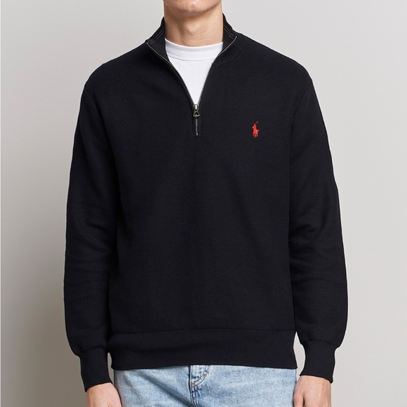 Polo Ralph Lauren Half Zip Sweater Men’s XL Black Cotton Red Pony Logo Pullover - Picture 1 of 5